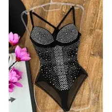 Body Pedraria Brilho Com Bojo / Transparente Aplicação Strass / Alça Fina