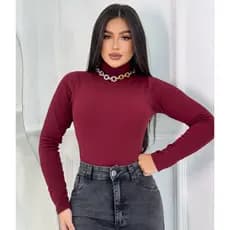 Body Gola Alta Manga Longa Blusa Cacharrel Canelado Elegante