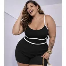 Macacão Curto Plus Size Com Bojo E Alcinha Fina Bicolor Alta Qualidade