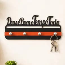 Porta Chaves Deus é Bom o Tempo Todo em Mdf Cortado a Laser de 3mm Preto Fosco 4 Ganchos