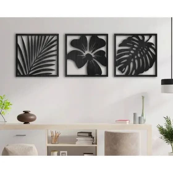 Trio de Quadros Decorativos Vazado Floral em MDF Decoração 20x15cm
