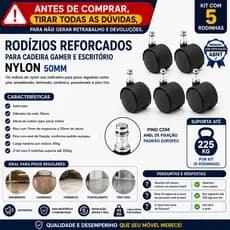 Rodízios Reforçados Para Cadeira Gamer e Escritório Nylon 50mm