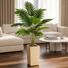 Planta Artificial Folhagem Palmeira + Vaso Decorativo em Fibra Sintética Bege