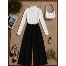 Conjunto Feminino Body Gola Alta + Calça Alfaiataria Com Cinto Elegante Moda Inverno