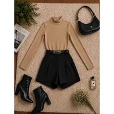 CONJUNTO BODY MANGA LONGA + SHORT PRETO COM CINTO MODA INVERNO ELEGANTE