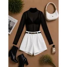 Conjunto  Body Bodi De Tule Manga Longa + Short Alfaiataria Com Cinto Elegante