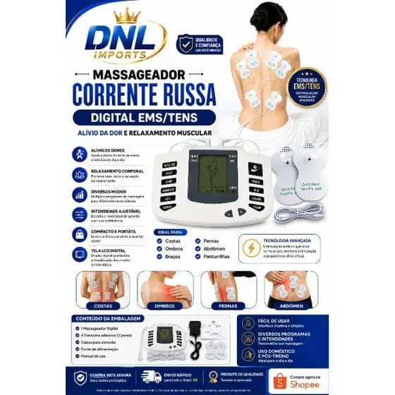 Massageador Corrente Russa Digital EMS/TENS Recarregável – Alívio da Dor e Relaxamento Muscular