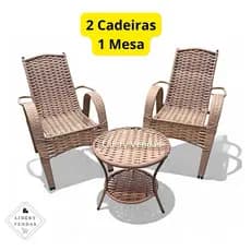 Jogo de Cadeiras com centro de mesa, 2 cadeiras e 1 mesa kit com 3 fibra junco plastico 3 Un