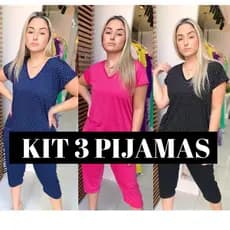 KIT 3 Pijama Adulto Pescador Fechado Blusa Bermuda Capri