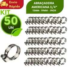 50 UNIDADES Abraçadeira Americana Aço Inox Ajustável 3/4" Uso Oficina Jardim Gás Mangueira Alta Fixação Super Resistente