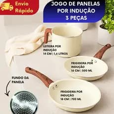 Jogo de Panelas indução Kit 3 Peças Revestimento Cerâmico Antiaderente Frigideira Leiteira Premium Fogão E Gás