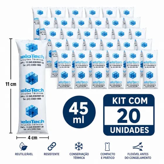 Gelo flexível reutilizável 45 ml  Gelotech - Kit 20 unidades - ideal para cooler, caixa térmica