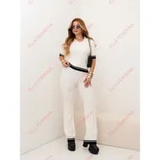 Conjunto tricot modal com calça wide leg e blusa gola polo meio manga Cod:Q44