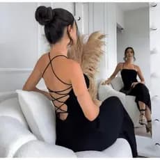 Vestido Midi Trançado nas Costas Tricot Modal Canelado tricô Tendência Verão 2026 Festa Praia Cod:707