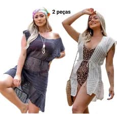 Kit Saida Praia Fechada Tricot + Saida Praia Aberta Curta
