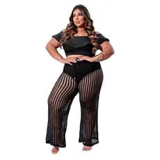 Calca Plus Size Saida De Praia Tricot Croche Cintura Alta