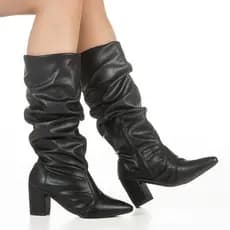 BOTA PLISSADA Bico Fino Cano Médio Botinha Salto Bloco Médio Cano Alto Enrugado bota Slouchy Bota Feminina