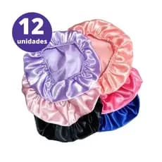Kit com 12 Touca de Cetim Antifrizz Banho Cores Sortidas
