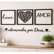 Kit 3 Quadros Cabeceira Familia Coração Geométrico Amor + Frase de Parede coração