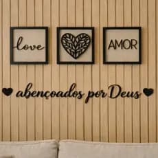 Kit 3 Quadros MDF Love + Coração + Amor com Frase Abençoados por Deus | Decoração de Parede Sala