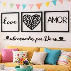 Kit 3 Quadros Cabeceira Familia Coração Geométrico Amor + Frase de Parede Sala + Mini aplique coração