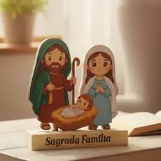 Sagrada Família Infantil em MDF 14cm com Base – Enfeite Religioso Decorativo Católico