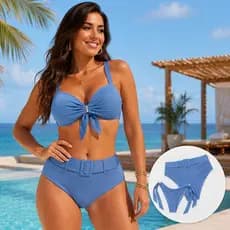 Biquíni Feminino 3 Peças Canelado com Bojo Hot Pants Cintura Alta Amarração 38 ao 42 Cores Sortidas