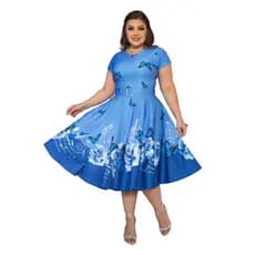 Vestido Godê Azul com Borboletas e Notas Musicais Acompanha Cinto Moda Mulher Feminina