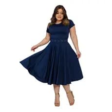 Vestido Midi Godê Azul Escuro com Cinto Moda Feminina Elegante Cristã