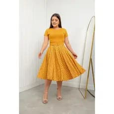 Vestido Midi Godê AMARELHO Poá com Cinto Moda Feminina Evangélica