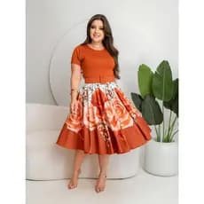 estido Midi Godé Terracota  Florido Acompanha Cinto Cinto