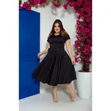 Vestido Midi Godê Preto Liso Com Cinto P Ao G3 - Moda Feminina Mulher Moda Brás