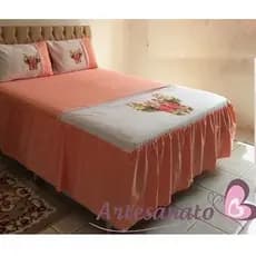Colcha Casal Pintada Floral com Fronhas Babado Gigante Cobre Leito Babado Floral