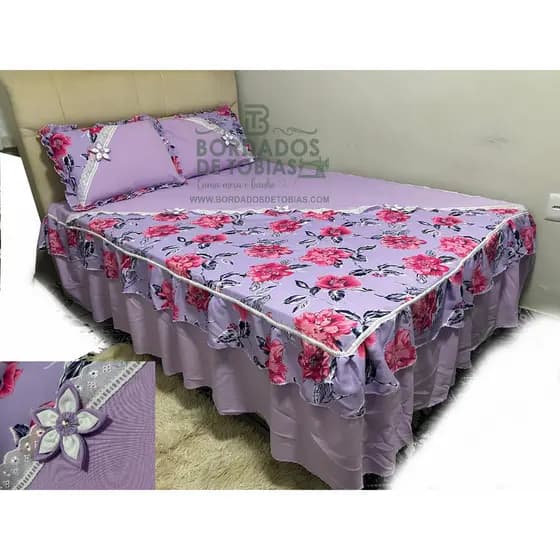 Colcha Canto Casal Estampada com Fronhas e Flores
