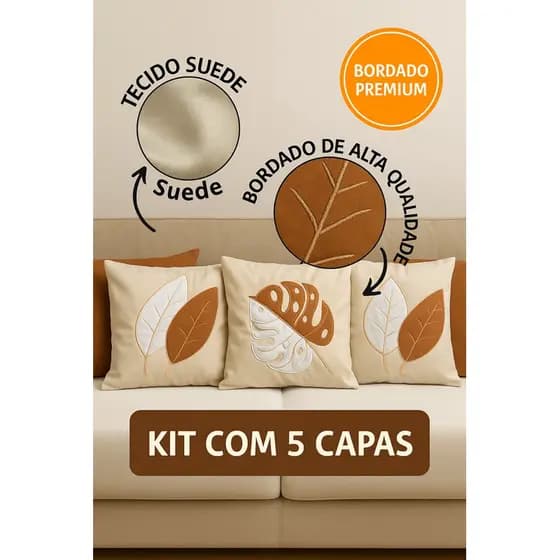 Kit 5 Capa Almofada Bordada Terracota 45x45cm Luxo Alto Relevo Suede e Boucle Decorativa Promocao Almofadas