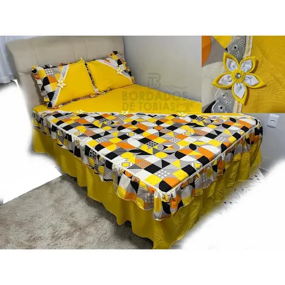 Colcha Casal c Flores Canto Estampada com Fronhas e Flores