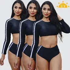 Biquíni UV Proteção Solar Manga Longa Cropped Preto Esportivo Cintura Alta PP36 Última Peça
