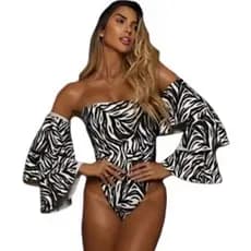 Maiô Body Animal Print Zebra Preto Branco Safari Tomara Que Caia Manga Removível Moda Praia P M G GG