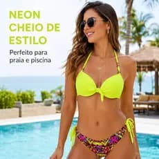 Biquíni Feminino Neon Top com Laço Frontal e Bojo Tanga Estampada Ajustável P ao GG Cores Sortidas