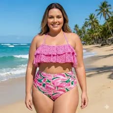 Conjunto Biquíni Plus Size Hot Pant 38-48 Estampado Babado VáriasCores Poliamida Forrado Moda 2026