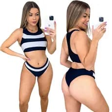 Biquíni Cropped Feminino Adulto Com Bojo Removível Listrado Confortável Moda Praia