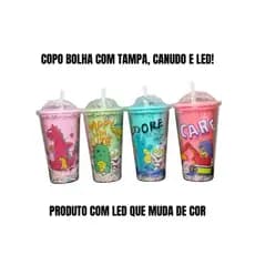 Copo Infantil Com Led Tampa e Canudo Infantil 4 Cores Brilha Luz RGB