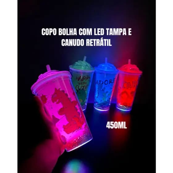 Copo Bolha Com Led Tampa e Canudo Infantil 4 Cores Com Bolinha, Estrelas e Glitter Canudo Retrátil
