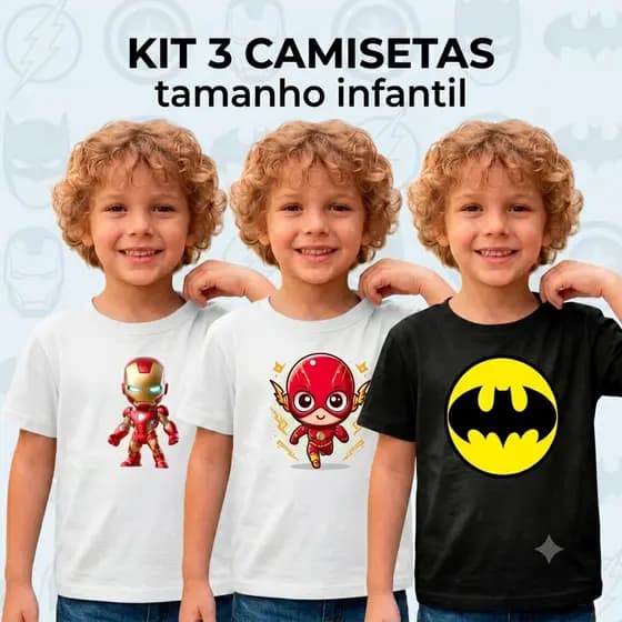 Kit com 3 Camisetas Infantil Super-Heróis Estampadas Unissex Tam 2 ao 16
