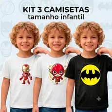 Kit com 3 Camisetas Infantil Super-Heróis Estampadas Unissex Tam 2 ao 16
