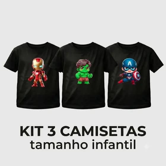 Kit 3 Camisetas Infantil Heróis Unissex Estampadas Manga Curta Tam 2 ao 16