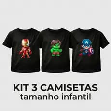 Kit 3 Camisetas Infantil Heróis Unissex Estampadas Manga Curta Tam 2 ao 16