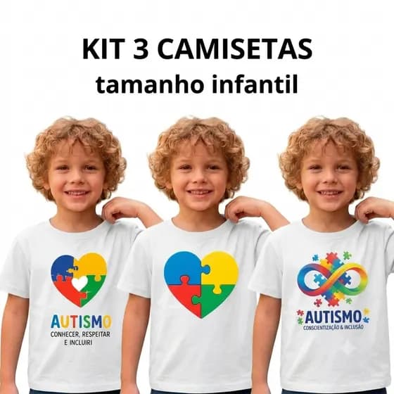 Kit 3 Camisetas Infantil Autismo TEA Estampadas 100% Algodão Tam 2 ao 16
