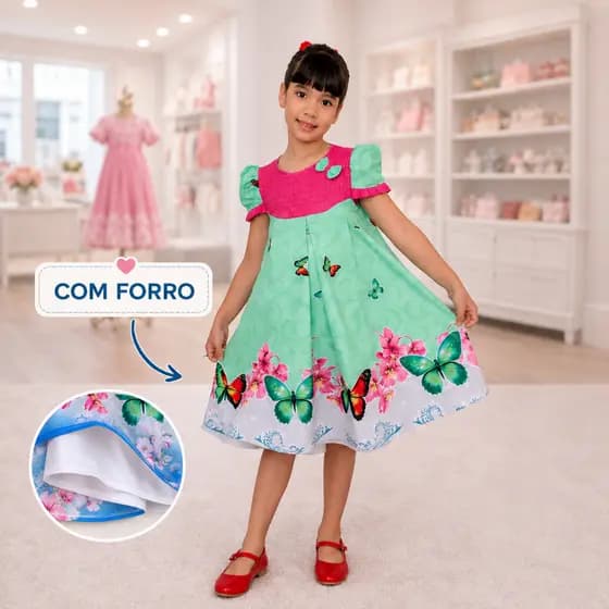 Vestido Infantil Forrado, modelo trapézio, vestidinho de luxo menina com forro, Manga Princesa e Laços – Festa e Passeio