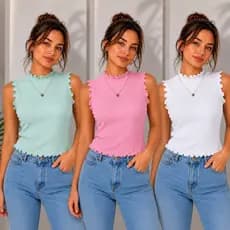 Kit de 3 Blusas, Regata feminina estilo regatinha de ribana premium básica, com detalhes ondulados frufru, Semi Cropped